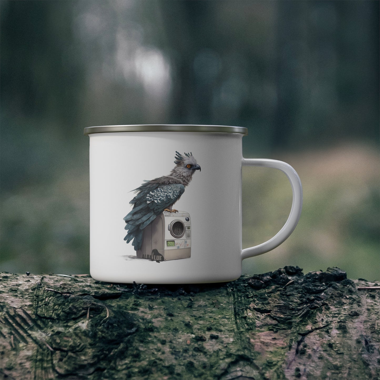 Harpy Eagle Sitting on a Washing Machine - Enamel Camping Mug